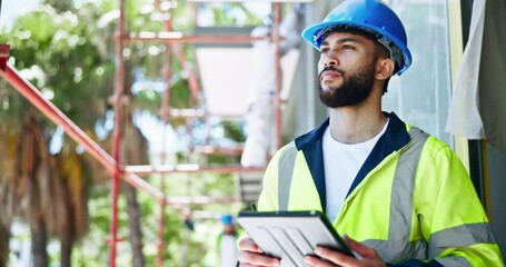 Poster - Outdoor, man and thinking with tablet at construction site for inspection, quality control and maintenance. Male person, employee and ideas with internet connection for infrastructure project