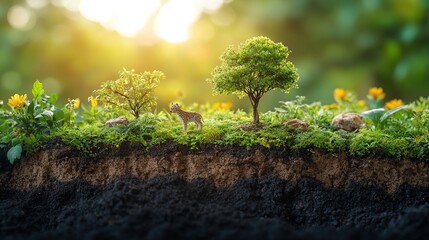 Wall Mural - Miniature landscape showcasing diverse flora, fauna, and soil layers under sunlight.