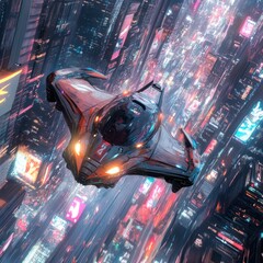 Canvas Print - Futuristic vehicle flying above vibrant city.