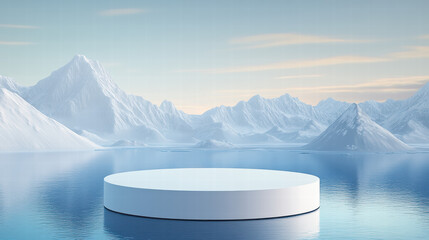 Wall Mural - white, empty podium for product presentation against the backdrop of snow-capped mountains and water