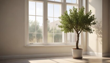 Wall Mural - Potted olive tree against bright window frame, texture, foliage, wood tone