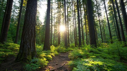 Wall Mural - Sunlight filters through tall trees in a serene green forest, creating a peaceful scene.