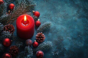 Wall Mural - festive red candle with pine branches, ornaments, creating a christmas ambiance on textured backgrou