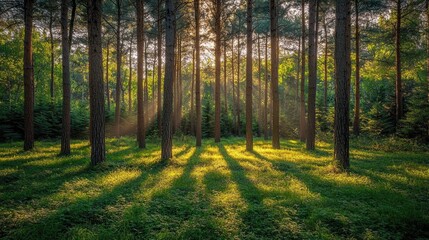 Wall Mural - Sunlight filters through trees in a serene forest, casting beautiful shadows on the ground.