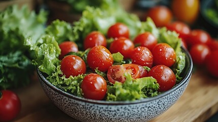 Wall Mural - Fresh cherry tomatoes and lettuce salad in a bowl on wooden table.