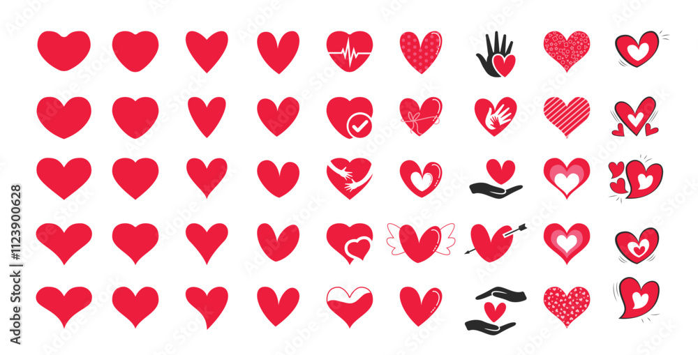 เวกเตอร์ Stock Red heart love symbol clipart set. Heart shape drawing ...