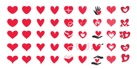 Wall Mural - Red heart love symbol clipart set. Heart shape drawing icon clip art in hand drawn, outline, sign and doodle graphic elements collection. Vector illustration love flat sign decoration. 
