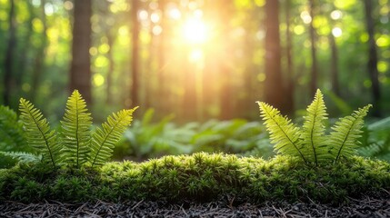 Sticker - A tranquil forest scene with vibrant ferns and sunlight filtering through the trees.