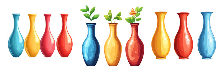 Wall Mural - Colorful Vases with Plants on Transparent Background