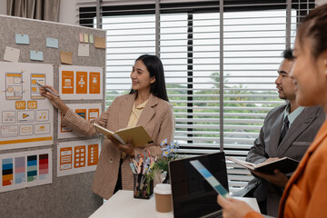 Wall Mural - ux developer and ui designer brainstorming about mobile app interface wireframe design in the office