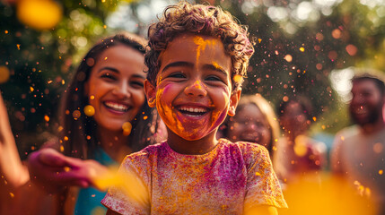 Wall Mural - Holi Festival with Family, Colorful Powder and Festive Backyard Joy