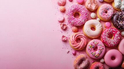 Wall Mural - Pink frosted donuts with sprinkles and desserts on pastel background