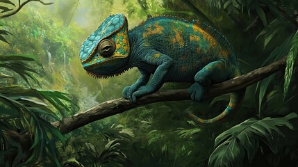 Poster - A Vivid Green Chameleon Perched On A Branch In Lush Rainforest