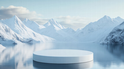 Wall Mural - white, empty podium for product presentation against the backdrop of snow-capped mountains and water