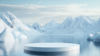 Wall Mural - white, empty podium for product presentation against the backdrop of snow-capped mountains and water