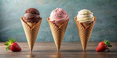 Wall Mural - Ice cream cone with three delicious flavors chocolate, vanilla, and strawberry, ice cream, cone, three flavors, chocolate