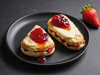 An overhead shot of halved scones arranged neatly on a matte black plate.