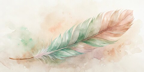 Wall Mural - Serene Watercolor Painting of a Single Elegant Feather on a Soft, Neutral Background