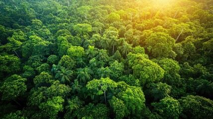 Poster - Aerial view of a lush green forest illuminated by warm sunlight, showcasing nature's beauty.