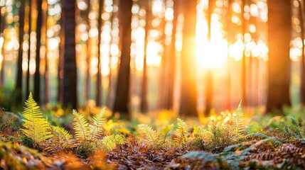 Poster - Sunlight filters through trees, illuminating lush ferns in a tranquil forest setting.