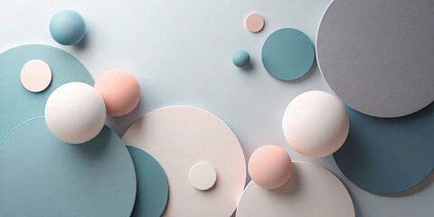 Wall Mural - Abstract pastel spheres and circles composition on light blue background