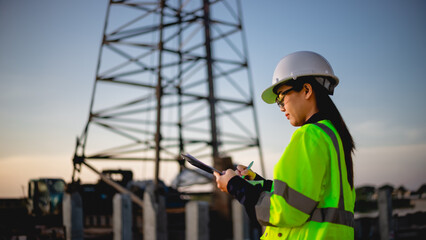 Female engineer is inspecting the structure of bridge pillars to make the bridge strong and durable.