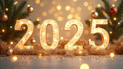 Wall Mural - Golden 2025 new year numbers, bokeh lights, and christmas decoration. Concept of celebration and holiday.