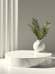 Wall Mural - Minimalistic decor featuring a round marble platform and a vase with greenery, perfect for showcasing products or art.