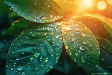 Wall Mural - Beautiful large drop morning dew in nature, selective focus. Drops of clean transparent water on leaves. Sun glare in drop