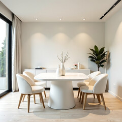 Wall Mural - modern, minimalist dining area with a soft, neutral color palette. The layout features an oval-shaped white dining table surrounded by six plush, white upholstered chairs generative ai 2025.