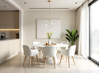 Wall Mural - modern, minimalist dining area with a soft, neutral color palette. The layout features an oval-shaped white dining table surrounded by six plush, white upholstered chairs generative ai 2025.