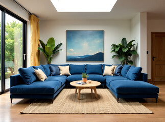 Wall Mural - A modern living room designed for relaxation. A plush navy blue sofa with a modular design allows for customizable comfort. Sunlight streams through a skylight, illuminating a woven rug in calming