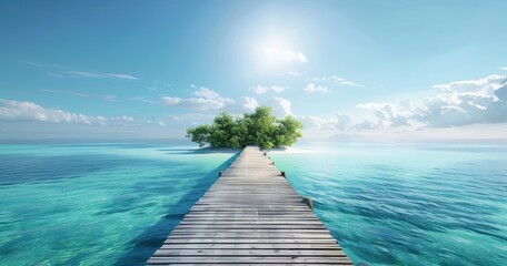 Wall Mural - A wooden walkway leads to a small island in the middle of the ocean. AI.