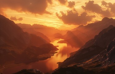 Wall Mural - A scenic view of a lake nestled between mountains, bathed in the golden glow of a sunset. AI.