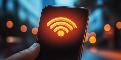 Aufkleber - Smartphone showing glowing wifi signal on blurry city background