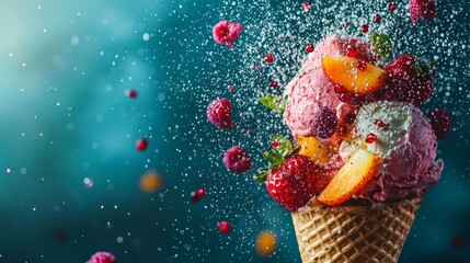 Wall Mural - Fruit ice cream cone with vibrant toppings and sugar sprinkles