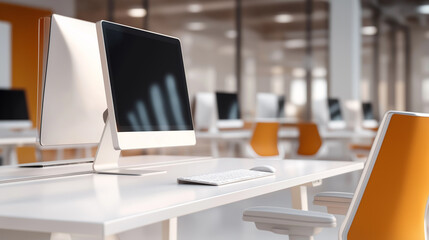 Poster - Modern open plan office with desks and computers showing growth charts