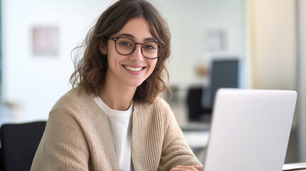 Aufkleber - Smiling businesswoman working on laptop in modern office