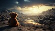 © Ghulam - painting of a two teddy bears resampling childhood watching over their burned down hometown HD 8K wallpaper Stock Photographic Image