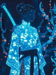 Wall Mural - Glowing Blue Samurai Woman with Katana in a Mystical Forest.