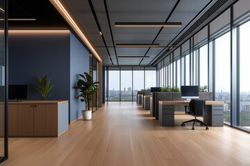 Poster - Modern office interior with desks and city view featuring hardwood floors and led lighting