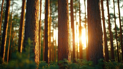 Poster - Sunlight filters through tall trees in a serene forest, creating a tranquil atmosphere.