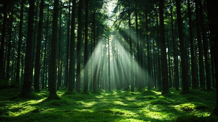 Poster - Sunlight streams through a lush forest, creating a serene and peaceful atmosphere.