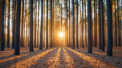 Poster - A serene forest scene at sunrise with tall trees casting long shadows on the ground.