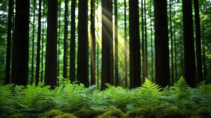 Poster - Sunlight filters through tall trees, illuminating lush ferns in a tranquil forest.