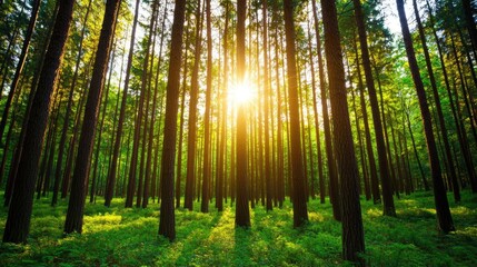 Poster - Sunlight filters through a lush green forest, creating a serene and peaceful atmosphere.