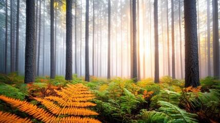 Poster - A serene forest scene showcasing tall trees and vibrant ferns under a soft morning light.