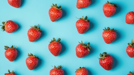 Canvas Print - Bright red strawberries are neatly arranged on a calming blue surface, creating an appealing contrast that highlights their freshness and texture