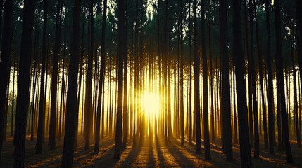 Poster - Golden sunlight filters through tall tree trunks in a tranquil forest setting.
