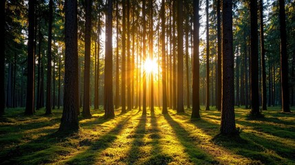 Poster - Golden sunlight filtering through tall trees, creating serene forest vibes.